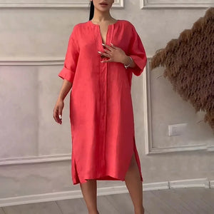 Long Sleeve Linen Solid Color Dress - Arkmis