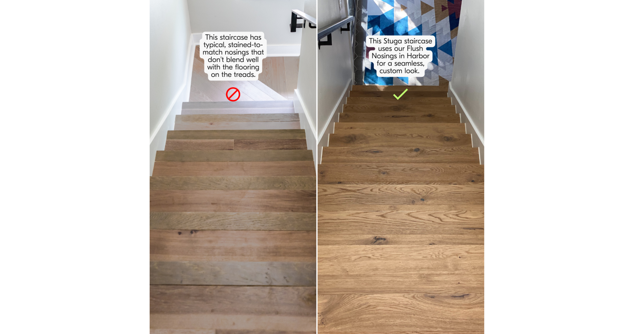 Image showing stained-to-match stair nosings vs. Stuga's custom made stair nosings