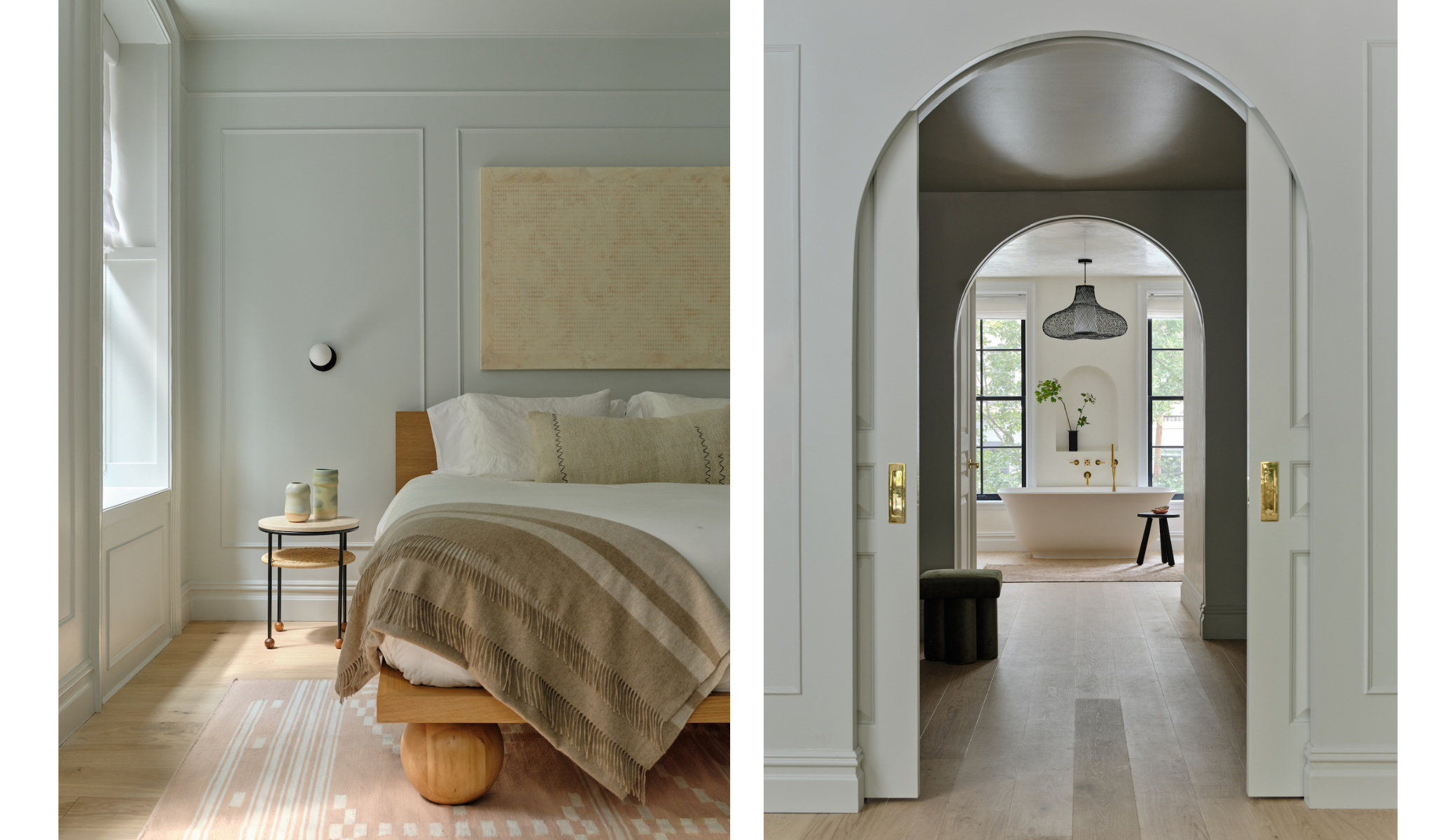 Modern white oak flooring in a bedroom and full bathroom