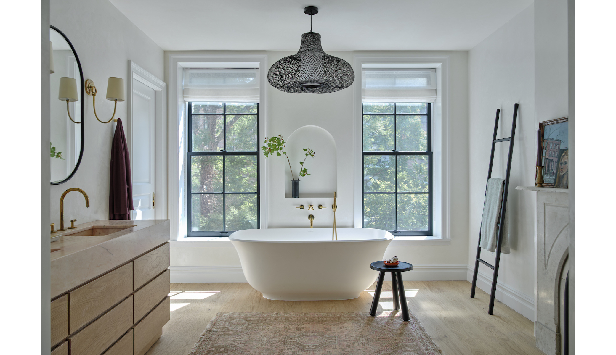 White oak flooring in a serene Brooklyn full bathroom with tub