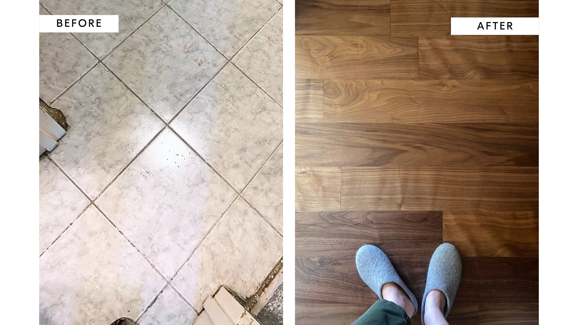 Before and after showing bathroom tile covered by walnut flooring