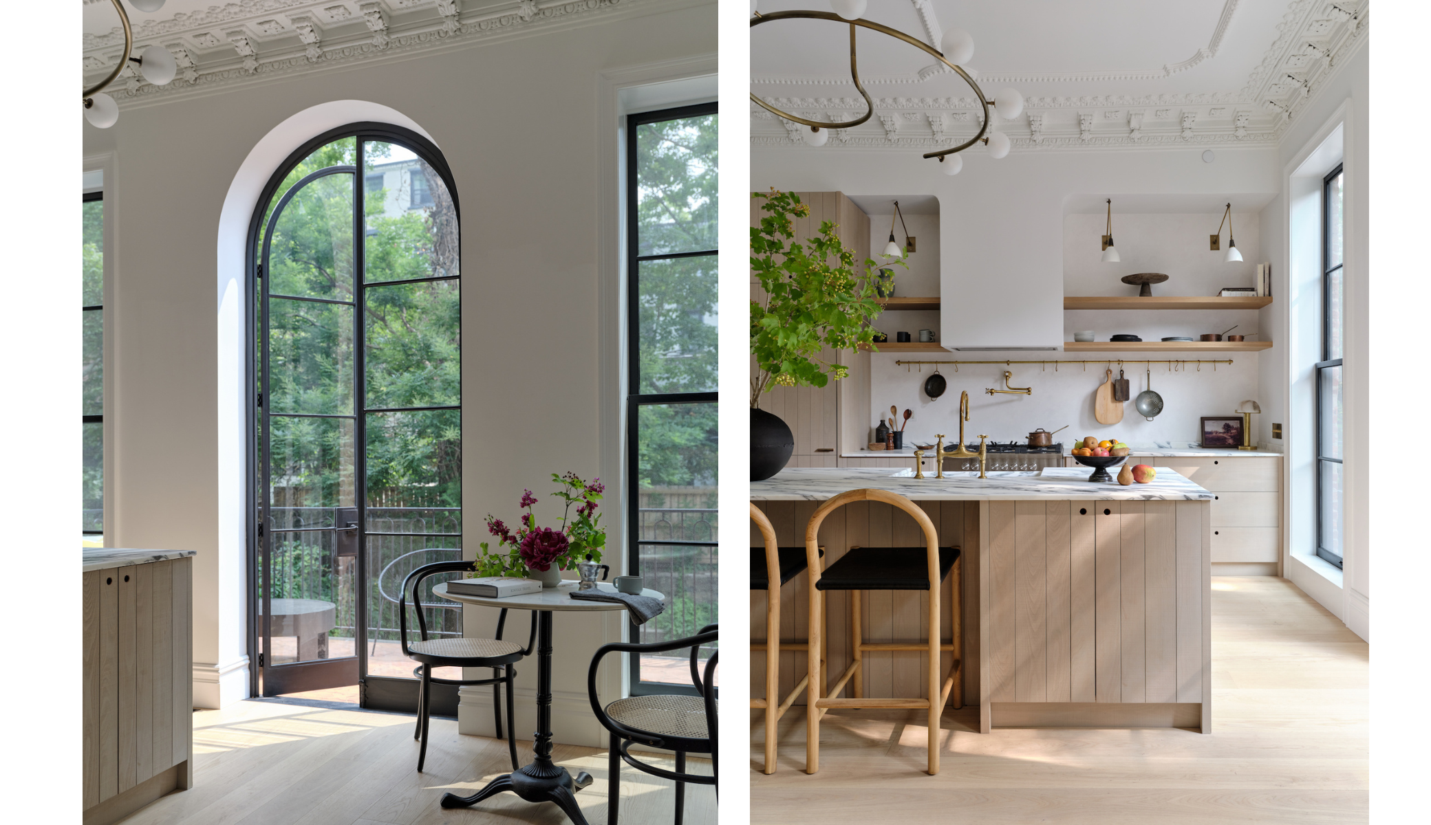 Bright white oak flooring in a modern classic Brooklyn kitchen with DeVOL cabinets