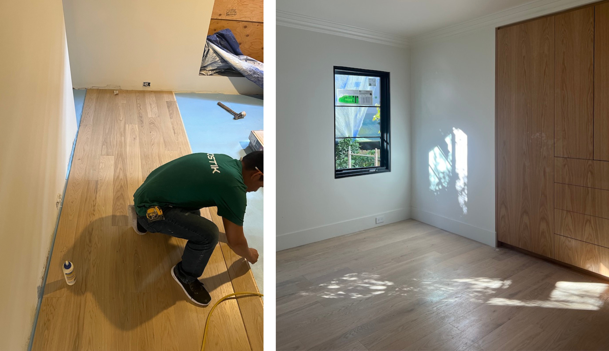 Installation in progress with Little Square engineered wood flooring by Stuga