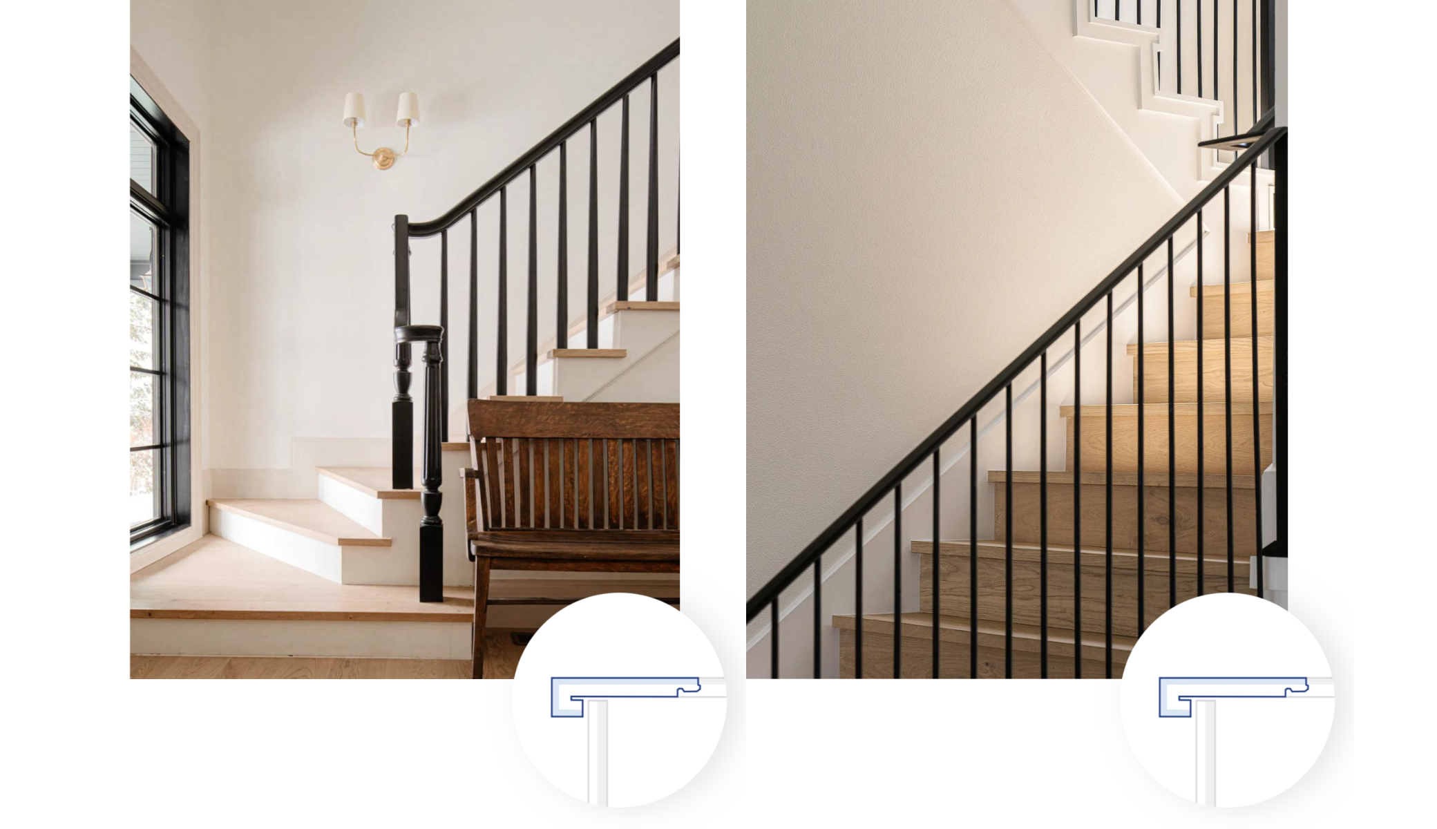 Two images showing squared stair nosings with white risers and wood risers