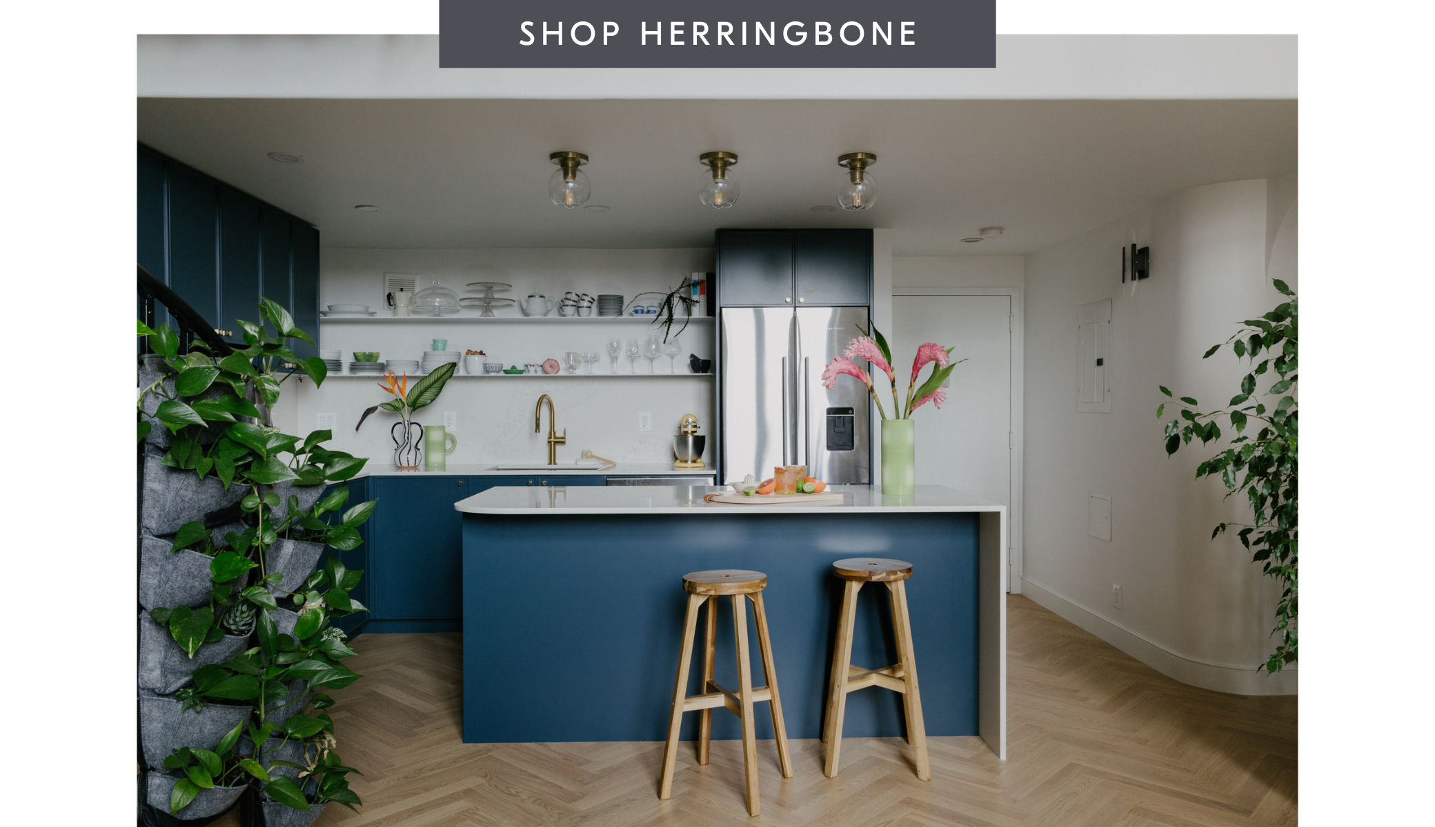 Image of herringbone flooring in a modern Brooklyn kitchen