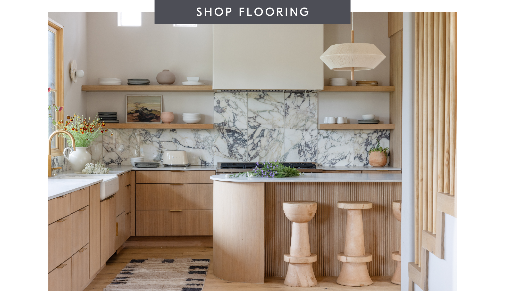 Text that reads "Shop flooring" with a photo of hardwood floors in