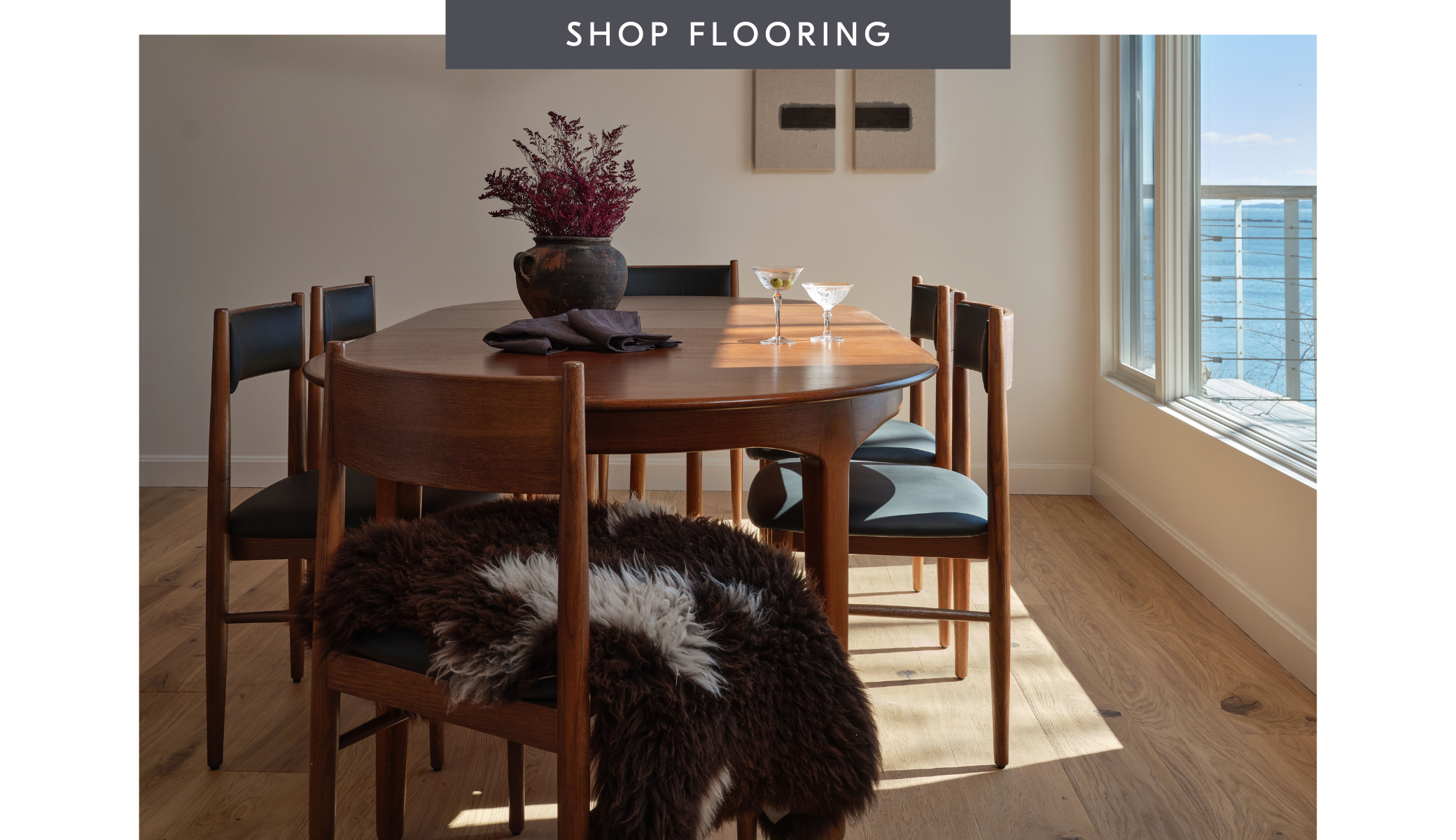 Text reads "shop flooring" over a picture of a dining room with hardwood floors