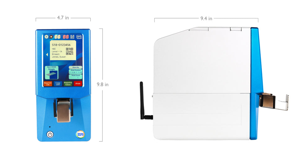 Matsunami Glass USA's ESPO Slide Printer connects via wifi, has a color touch screen, can hold two 100 slide cartridges, and prints continuously. 