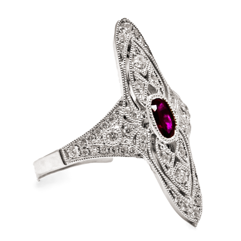 18kt White Gold Nemati Design Filigree Style Ruby & Diamond Ring