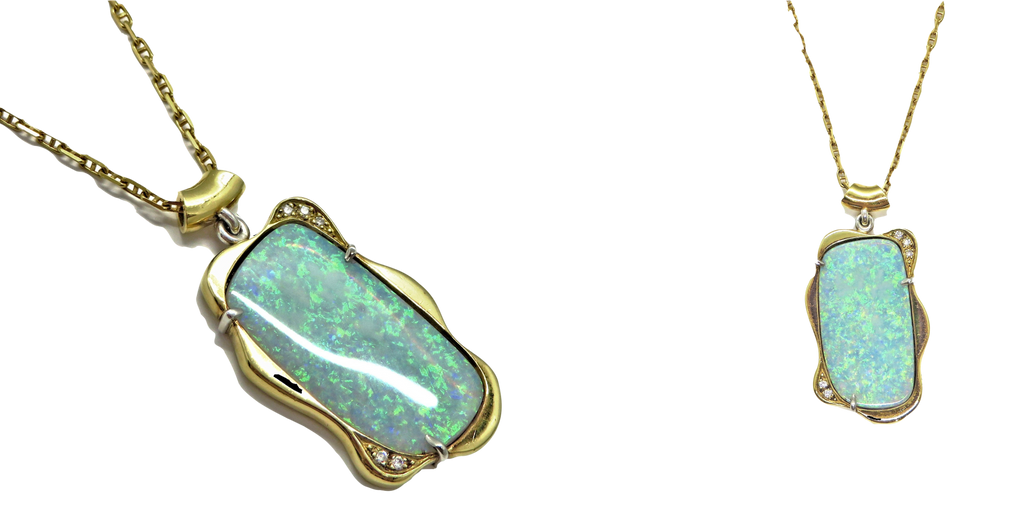 Golden Anvil Jewelers | 18KT YELLOW GOLD GREEN FREEFORM OPAL NECKLACE WITH DIAMONDS