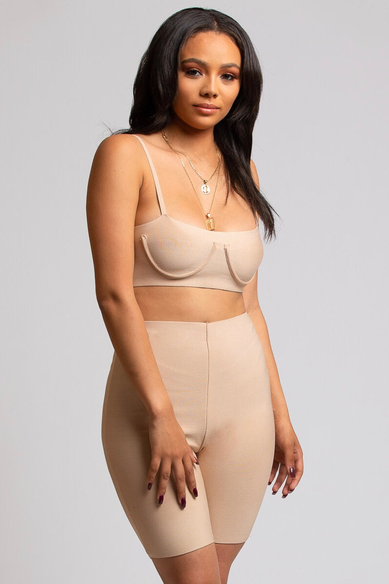 nude biker short set