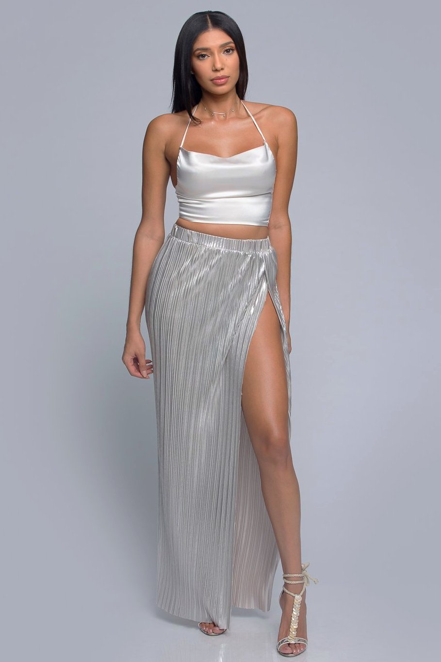 High-Slit Metallic Maxi Skirt