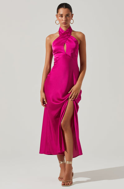 Raven Gold Chain Halter Satin Maxi Dress – Girls Will Be Girls