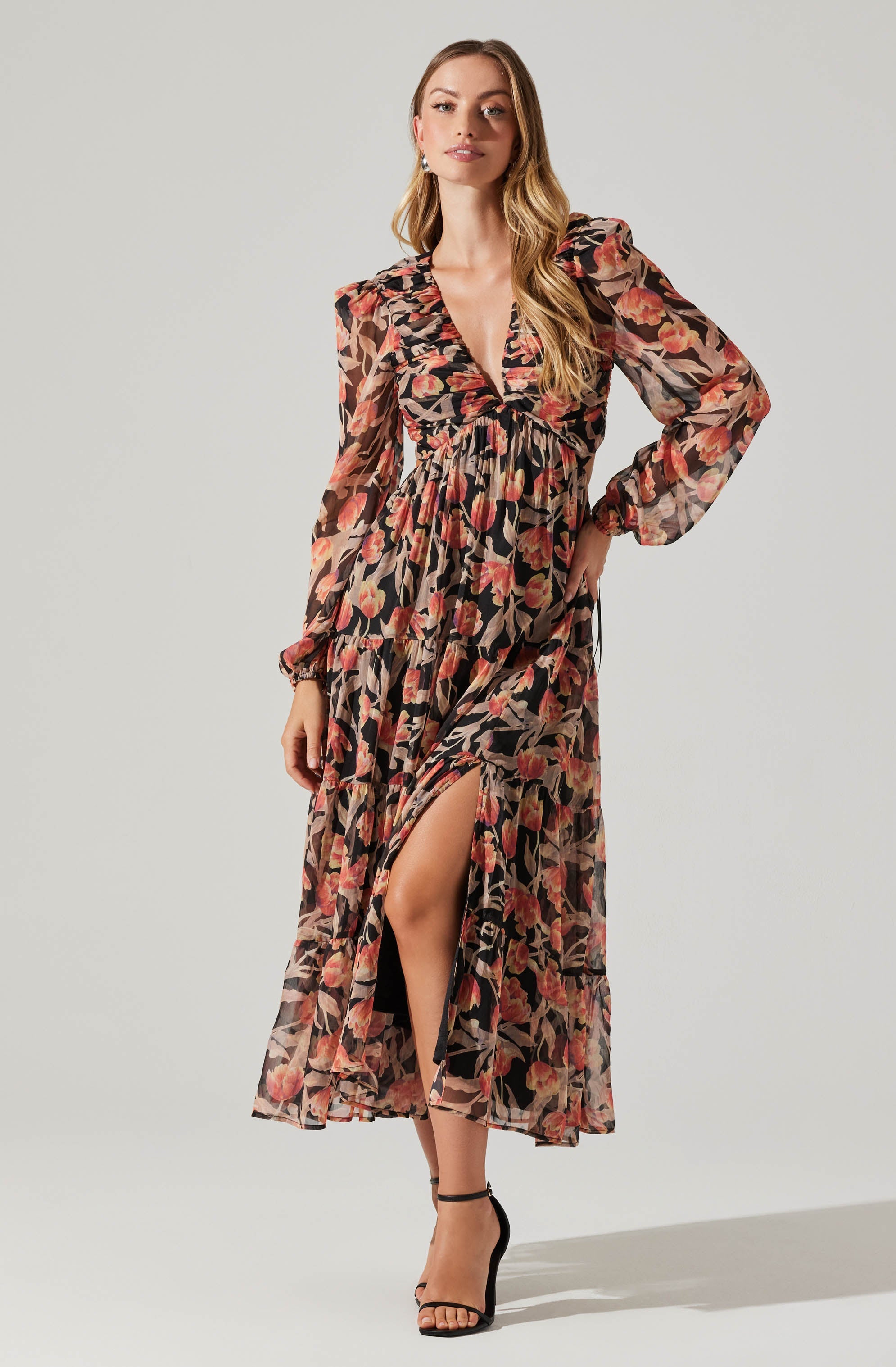 Lively Floral Cutout Long Sleeve Maxi Dress