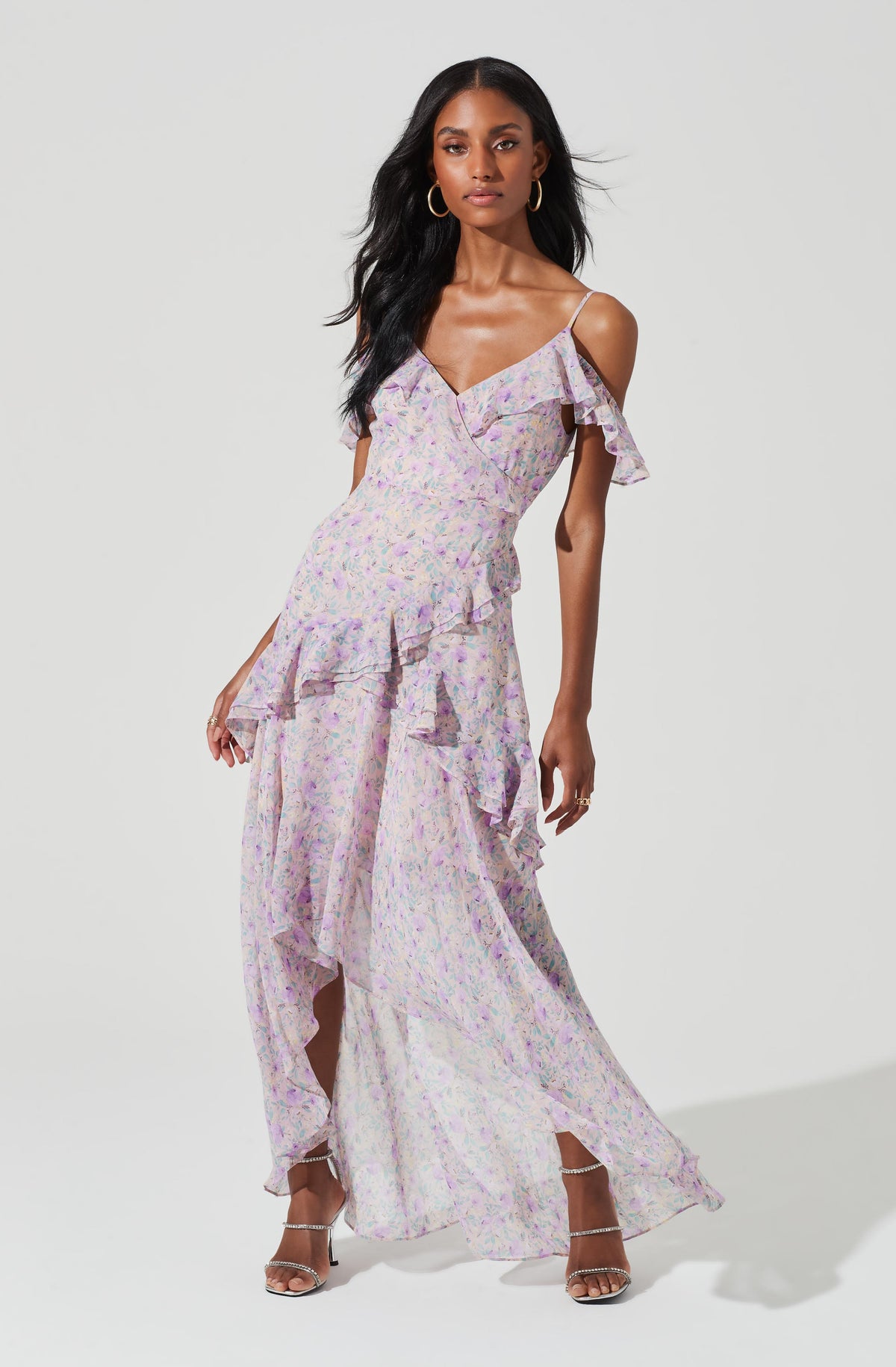 ruffle cold shoulder maxi dress