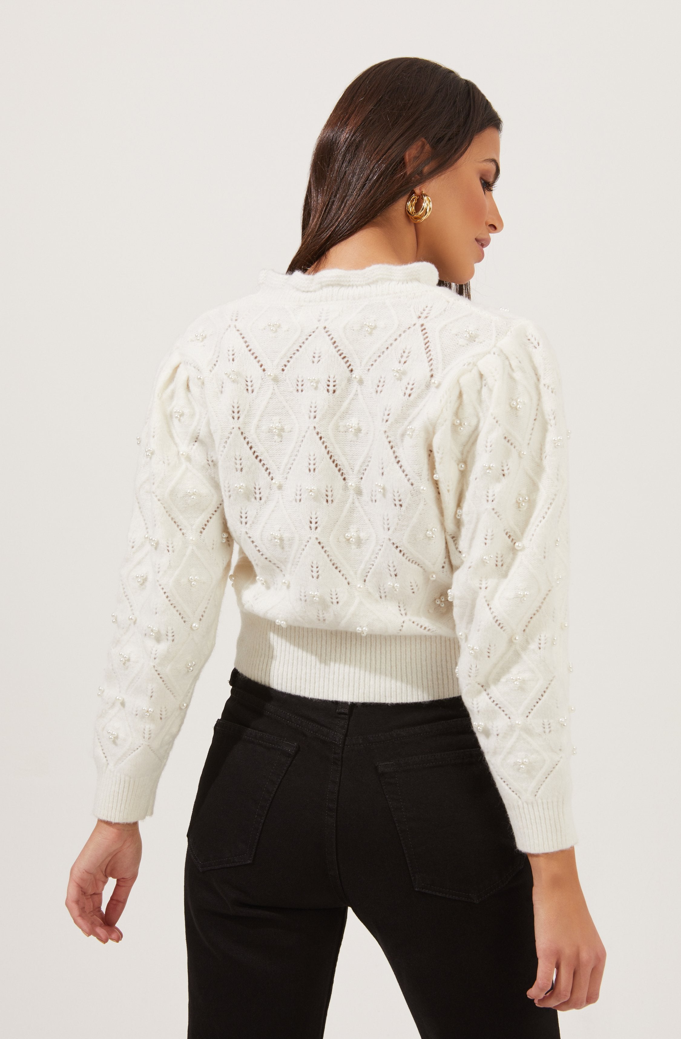 Taya Pearl Embellished Pointelle Frill Neck Sweater