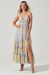 Sexy Plunging Neck Floral Print Tiered Slit Gathered Dress by Astr The Label