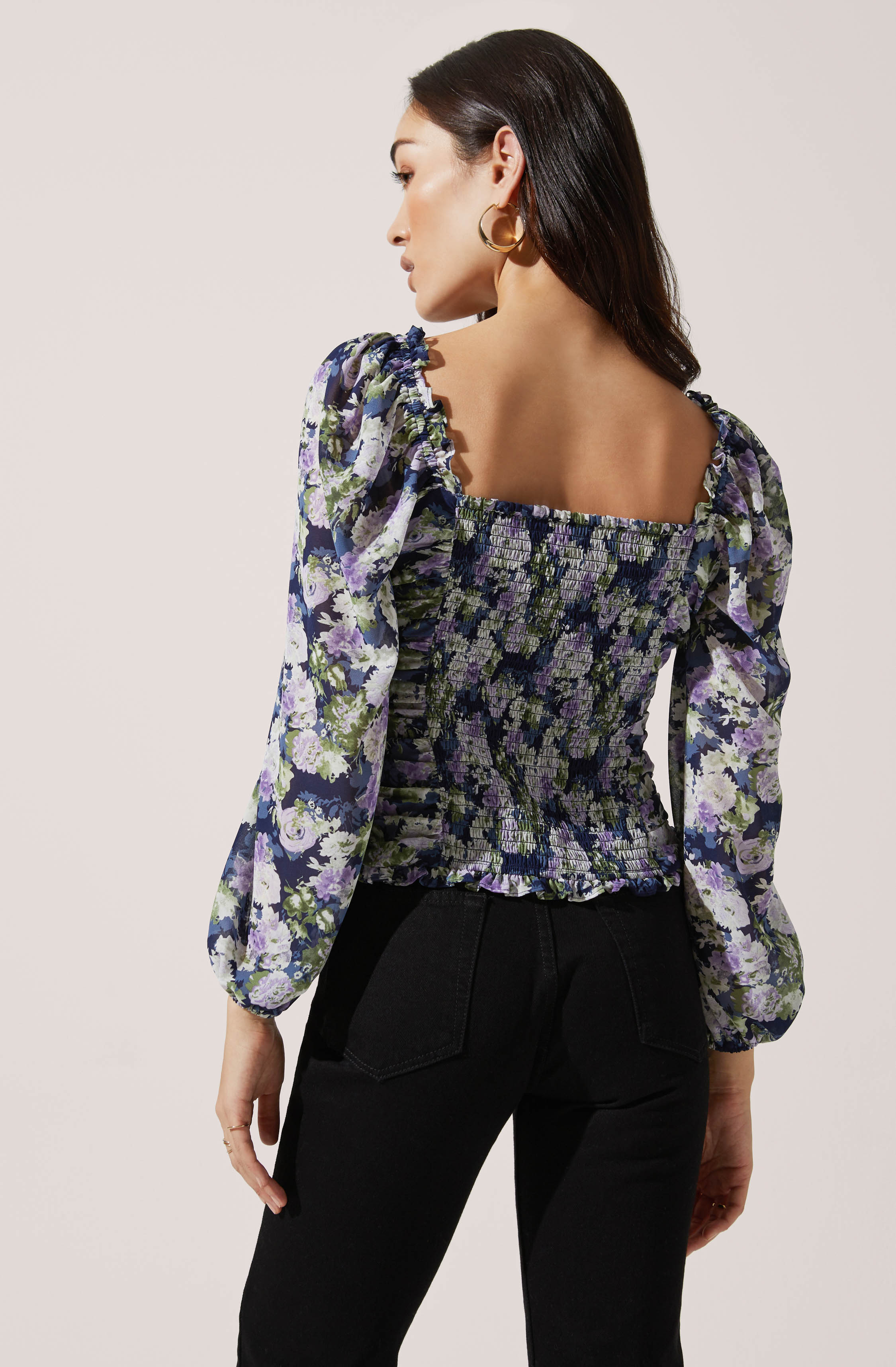 Ruffle Square Neck Long Sleeve Floral Top