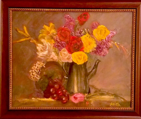 Flowers in a Pewter Teapot, Oil Painting