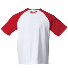 red and white raglan shirt