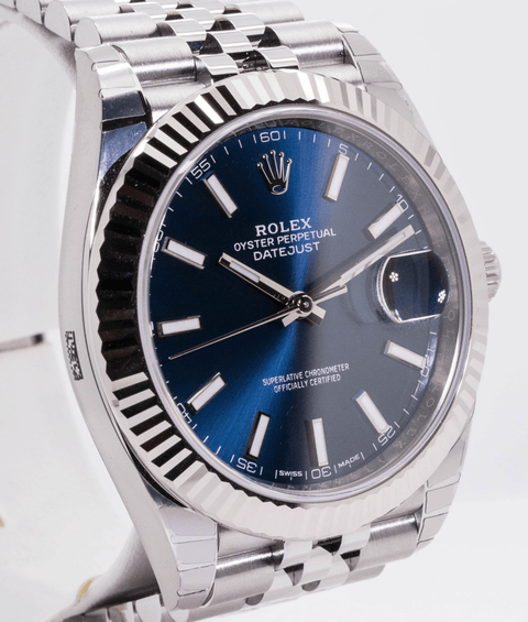 blue face white gold rolex