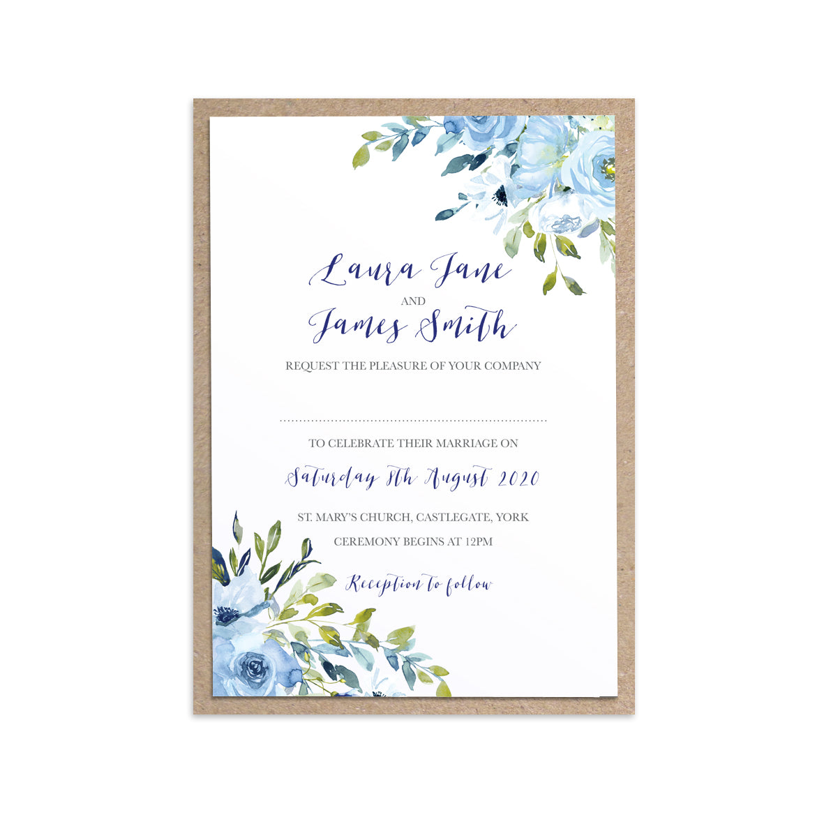 blue floral wedding invitations, blue watercolour flowers