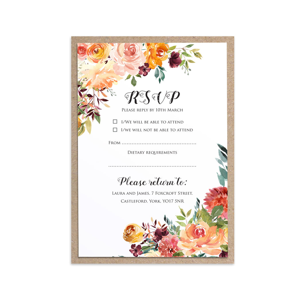 Paprika RSVP Cards, Orange Floral Wedding Invitation, Autumn Wedding