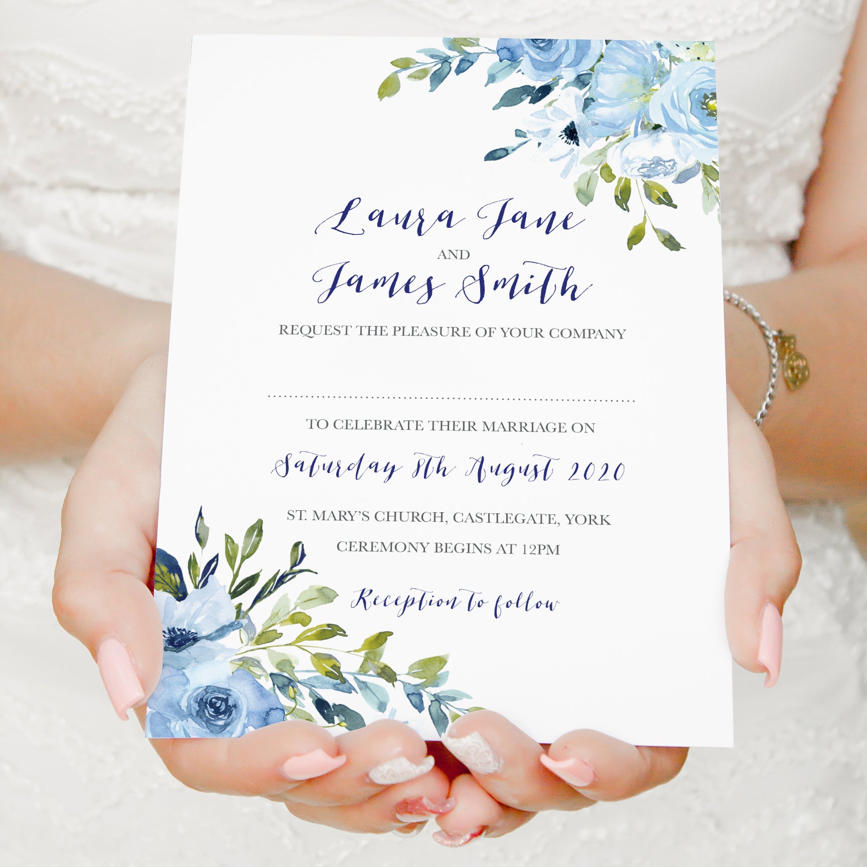 Blue Floral Wedding Invitations, Blue Watercolour flowers, Baby Blue, – STNStationery