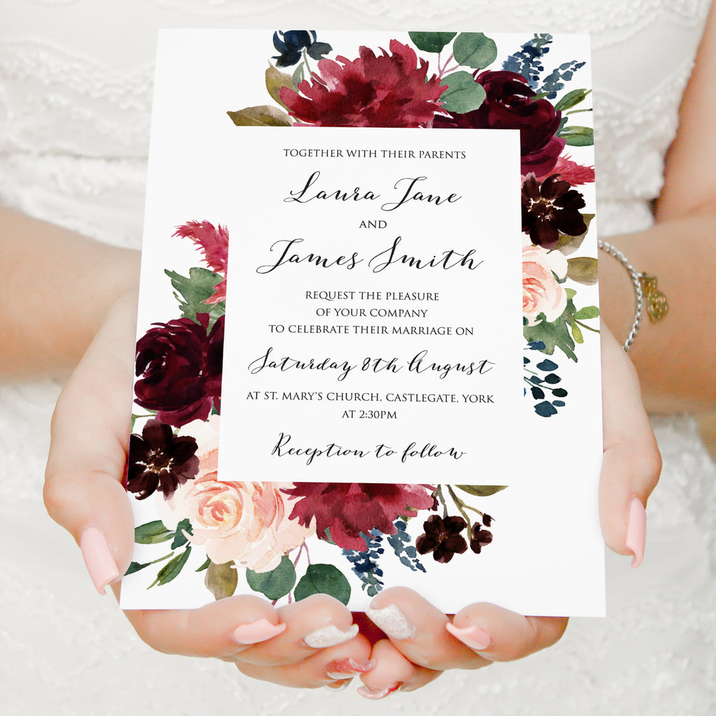 Burgundy, Navy & Blush Floral Wedding Invitations, Floral