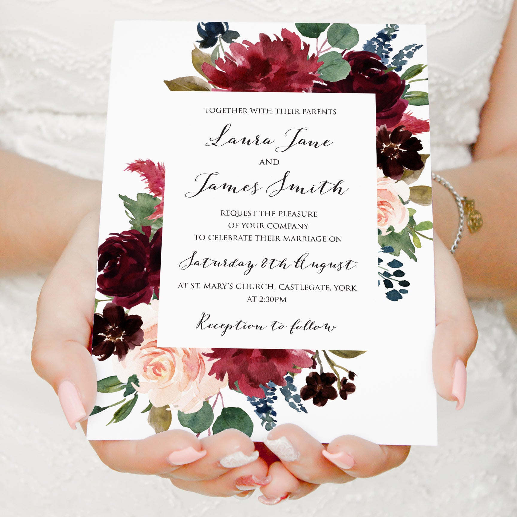 Burgundy, Navy & Blush Floral Wedding Invitations
