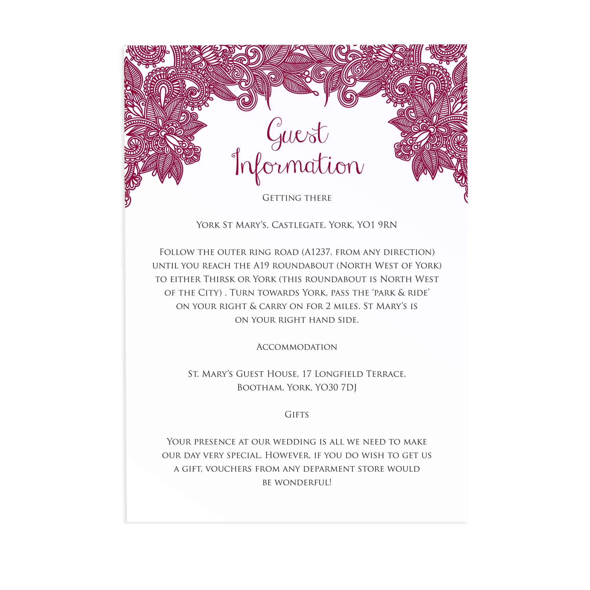 Henna Guest Information Cards Detail Cards Indian Wedding