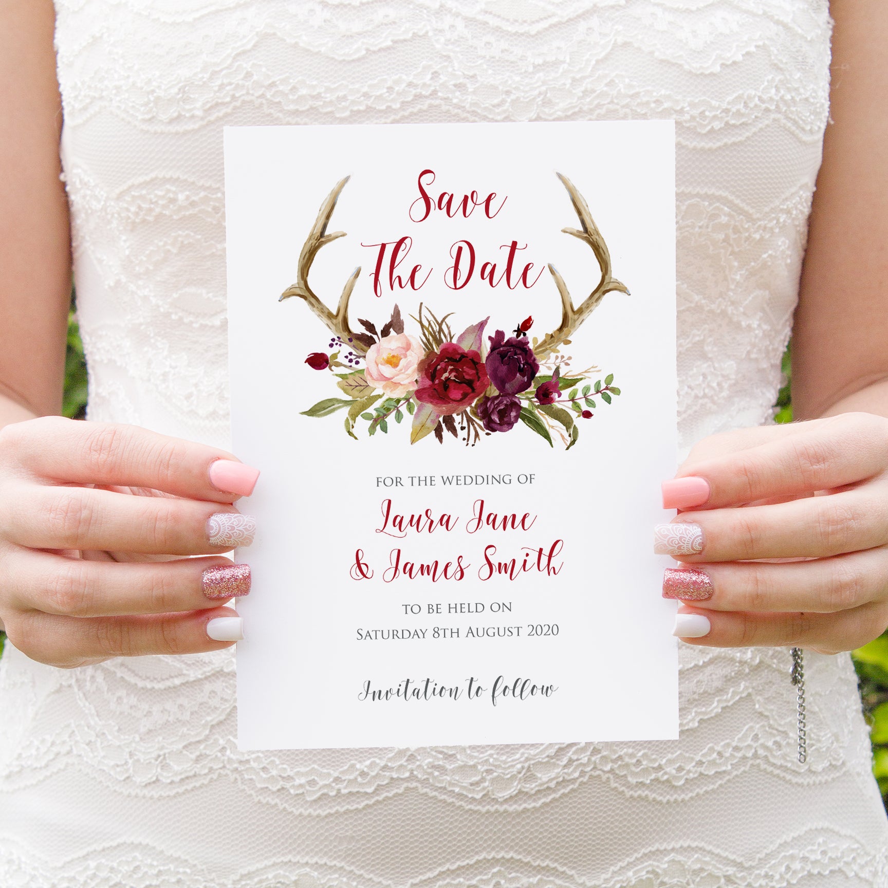 Boho Floral Antler Save The Date Cards Rustic Wedding Invitation