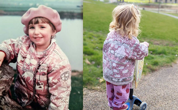 Sarah in her 1980s Clothkits jacket, and her daughter wearing the very same one!