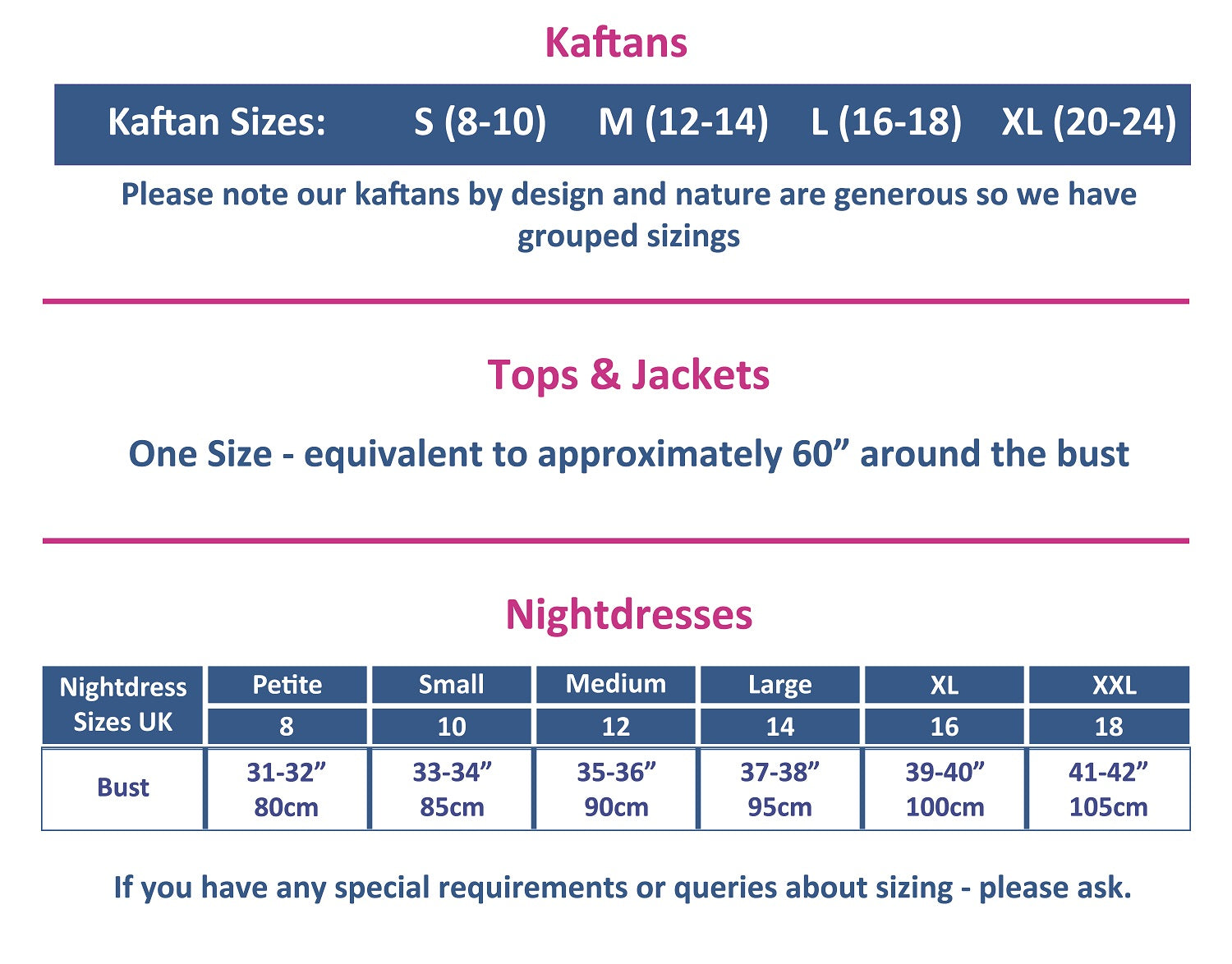 Size Guide Tuttabankem Kaftans Tops Jackets Nightdresses