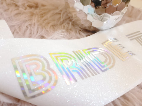 Disco themed glitter and holographic silver bride to be sash