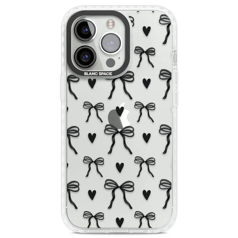 Clear phone case with black bows and hearts design by Blanc Space, providing a bold and stylish option for phone protection.