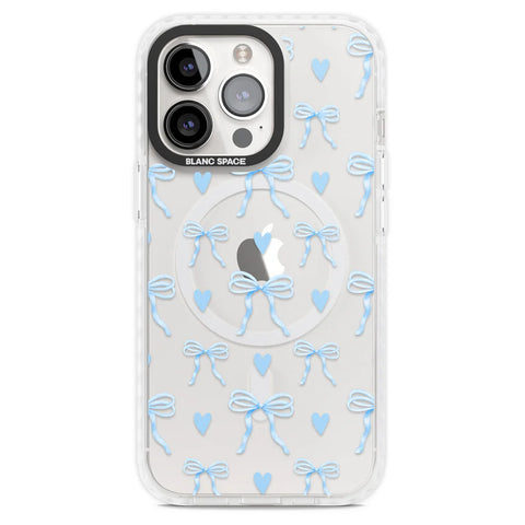 Clear phone case with blue bows and hearts design by Blanc Space, blending elegance and fun for a stylish look.