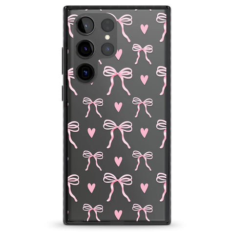 Clear phone case with pink bows and hearts design and a black border by Blanc Space, offering stylish protection with a touch of sophistication.