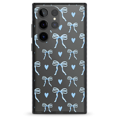 Clear phone case with blue bows and hearts design by Blanc Space, blending elegance and fun for a stylish look.