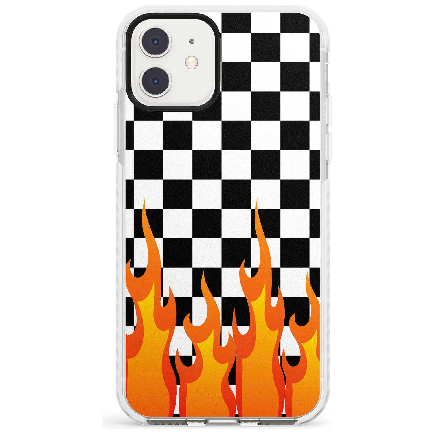 checkered with flames