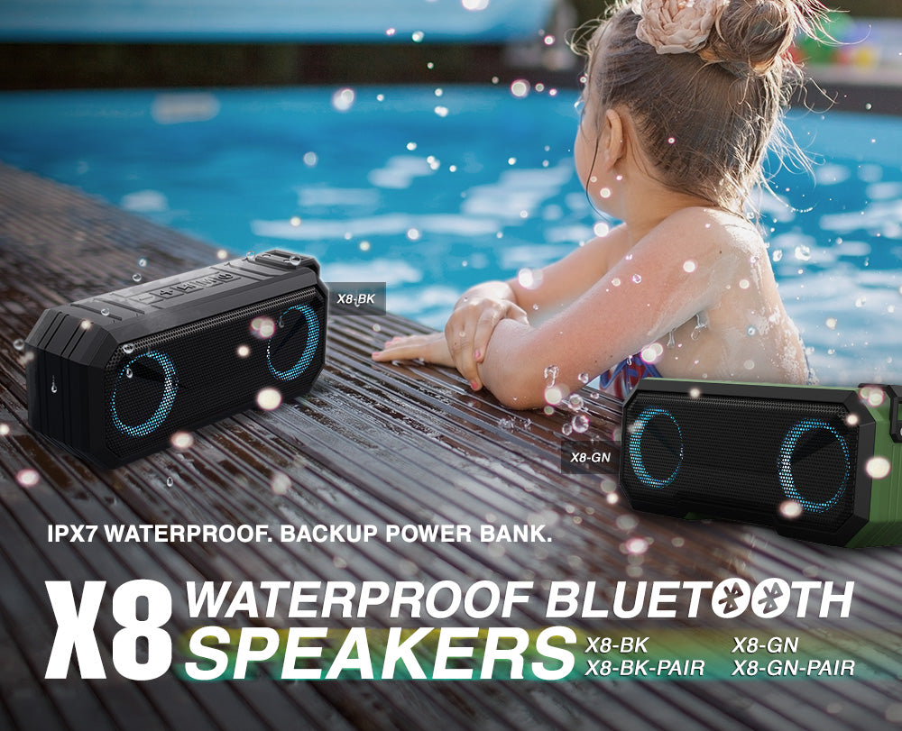 Sound Town X8 Series Portable Bluetooth Speaker, TWS Bluetooth, IPX7 Waterproof, Stereo Sound, LED Light, Built-in Mic for Phone Calls and Battery Power Bank, for Home and Outdoor, Black or Green