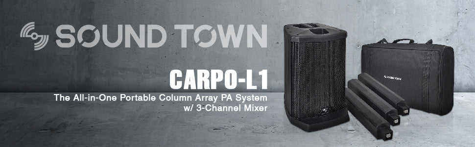 Sound Town CARPO-L1 Portable Line Array Column PA/DJ System w/ 200W RMS, 8" Subwoofer, 1 x Speaker, 2 x Spacers, TWS Bluetooth, 3-Channel Mixer, Carry Bag - banner