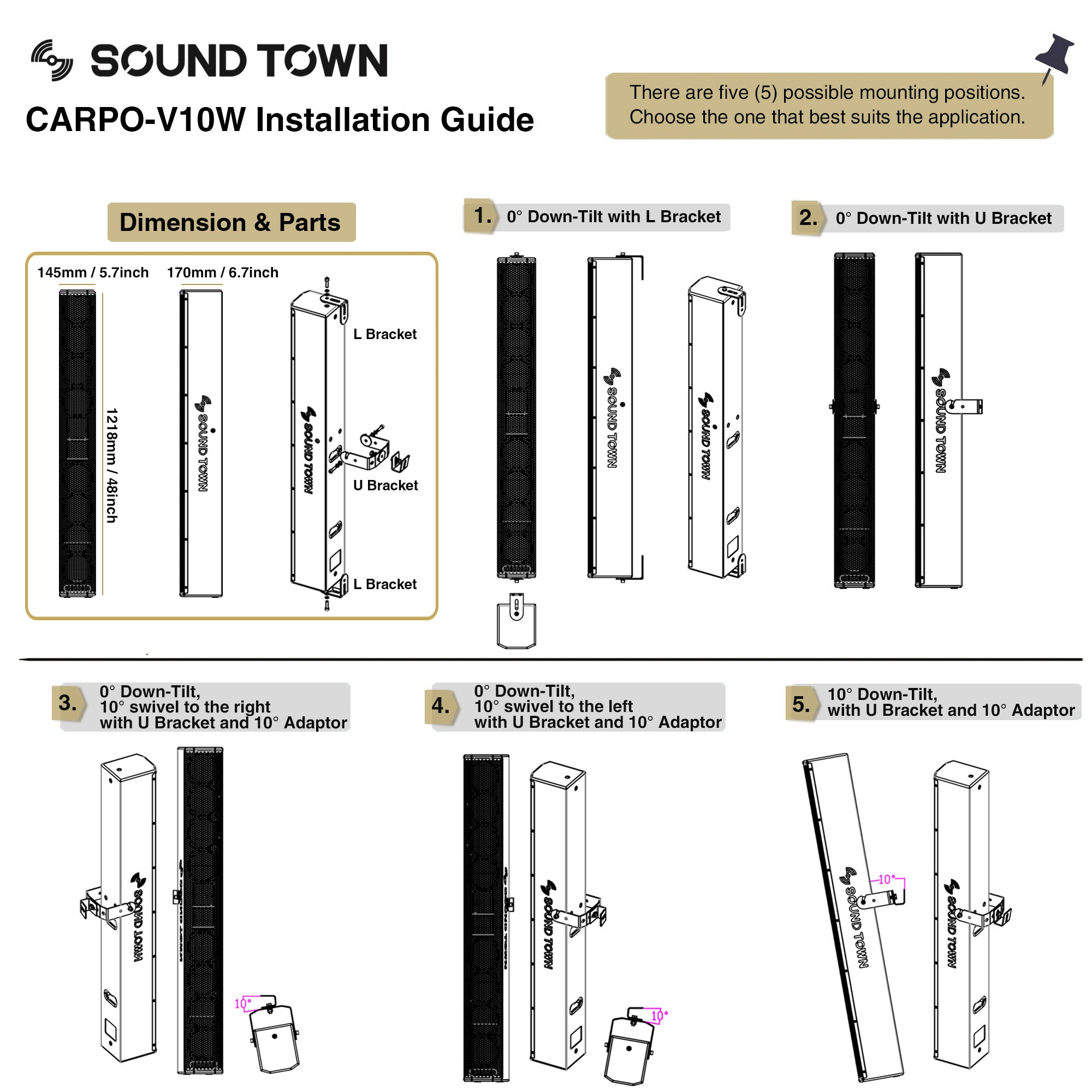 Sound Town CARPO-V10W Passive Wall-Mount Column Mini Line Array Speaker with 8 x 5” Woofers, White, for Live Event, Church, Commercial Audio Installation, How to Install, Installation Guide