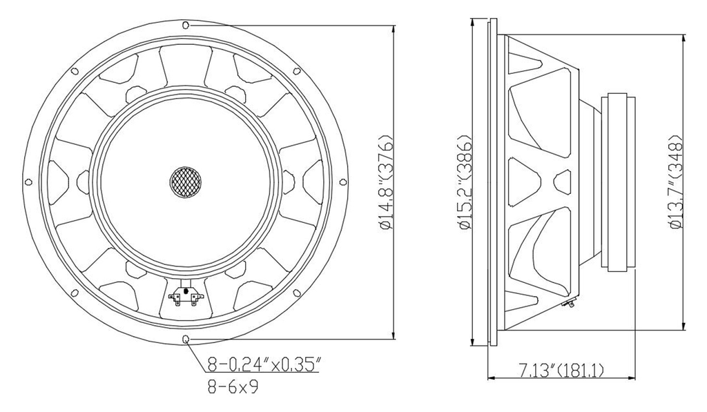 Sound Town STLF-1504-8 15" 450W Raw Woofer Speaker with 4" Voice Coil, 100 oz Magnet, Replacement Woofer for PA/DJ Subwoofer, 8-ohm - Mounting Information, Size & Dimensions, Recommended Enclosure Volume