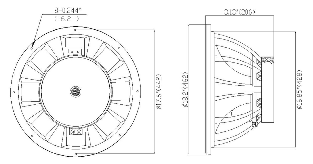 Sound Town STLF-18120DR 18" 500W Cast Aluminum Frame Woofer (Low Frequency Driver), Replacement for PA/DJ Subwoofer Cabinets - Size & Dimensions, Mounting Information, Recommended Enclosure Volume