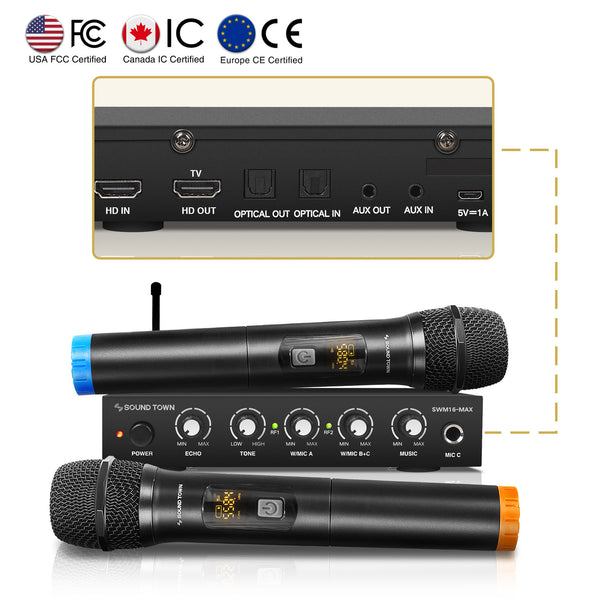 Portable Karaoke Microphone Mixer System Set, with Dual UHF Wireless Mic,  HDMI-ARC / Optical / AUX & HDMI in/Out in Singing Receiver for Smart TV,  PC, KTV, Home Theater, Amplifier, Speaker-Karaoke Microphone