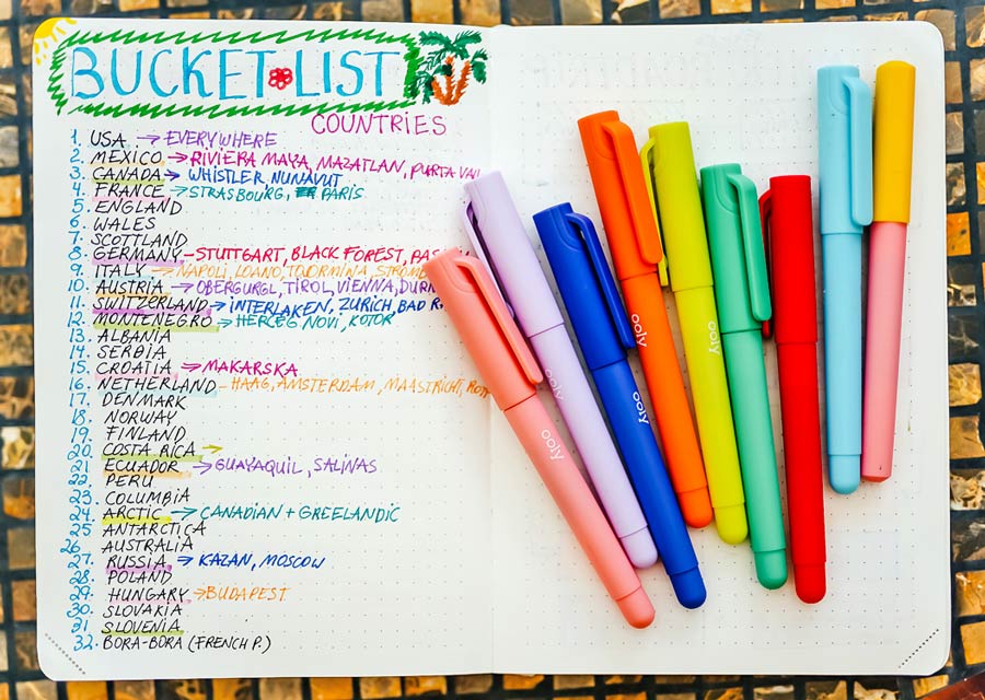 Bucket list in a journal colored with OOLY Color Write fountain pens