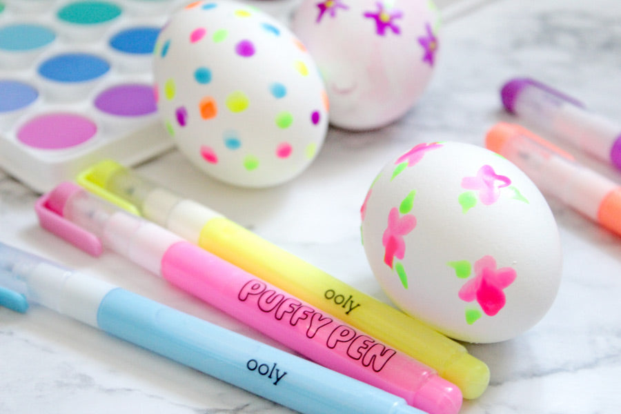 Easter eggs decorated with OOLY Puffy Pen paints