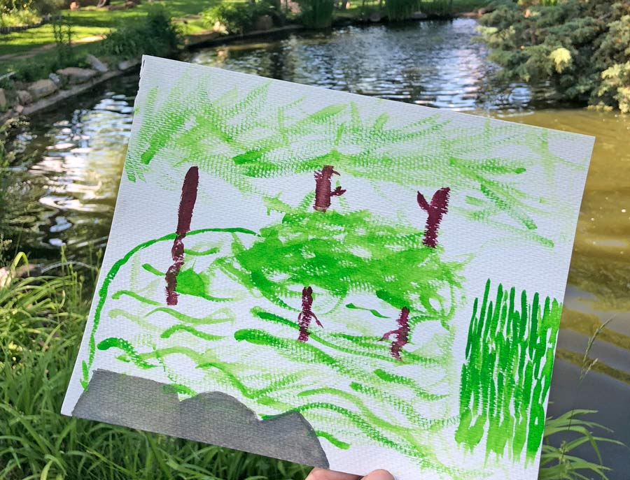 Watercolor painting with a creek in the background