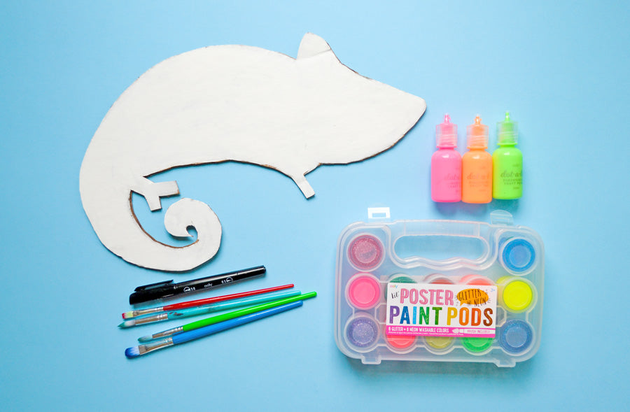 Uncolored chameleon printable craft with OOLY poster paints, Dot-A-Lot paints, brushes and pen